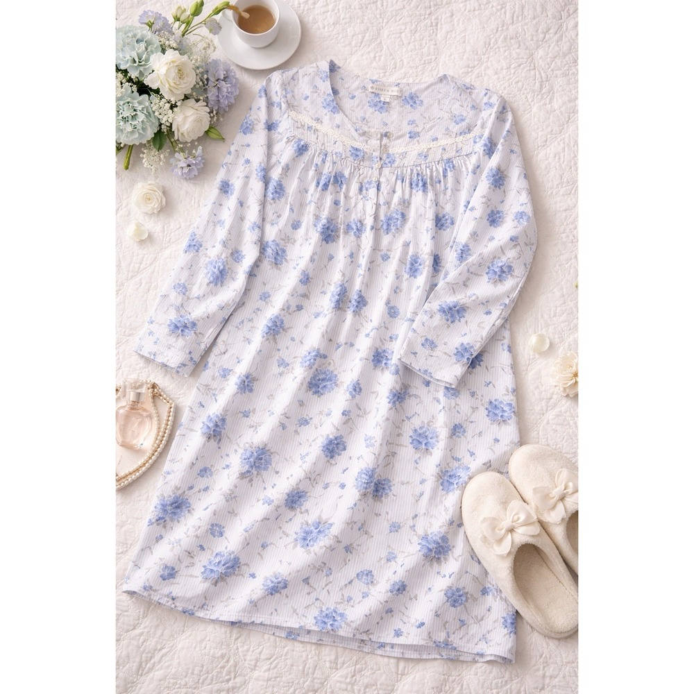 Eileen West Floral Cotton Nightgown Midi Lace Trim Floral Cottagecore Romantic S